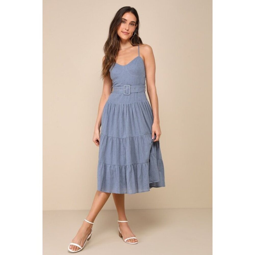 Lulus Sweet Merriment Slate Blue Swiss Dot Bustier Tiered Midi Dress - Size L